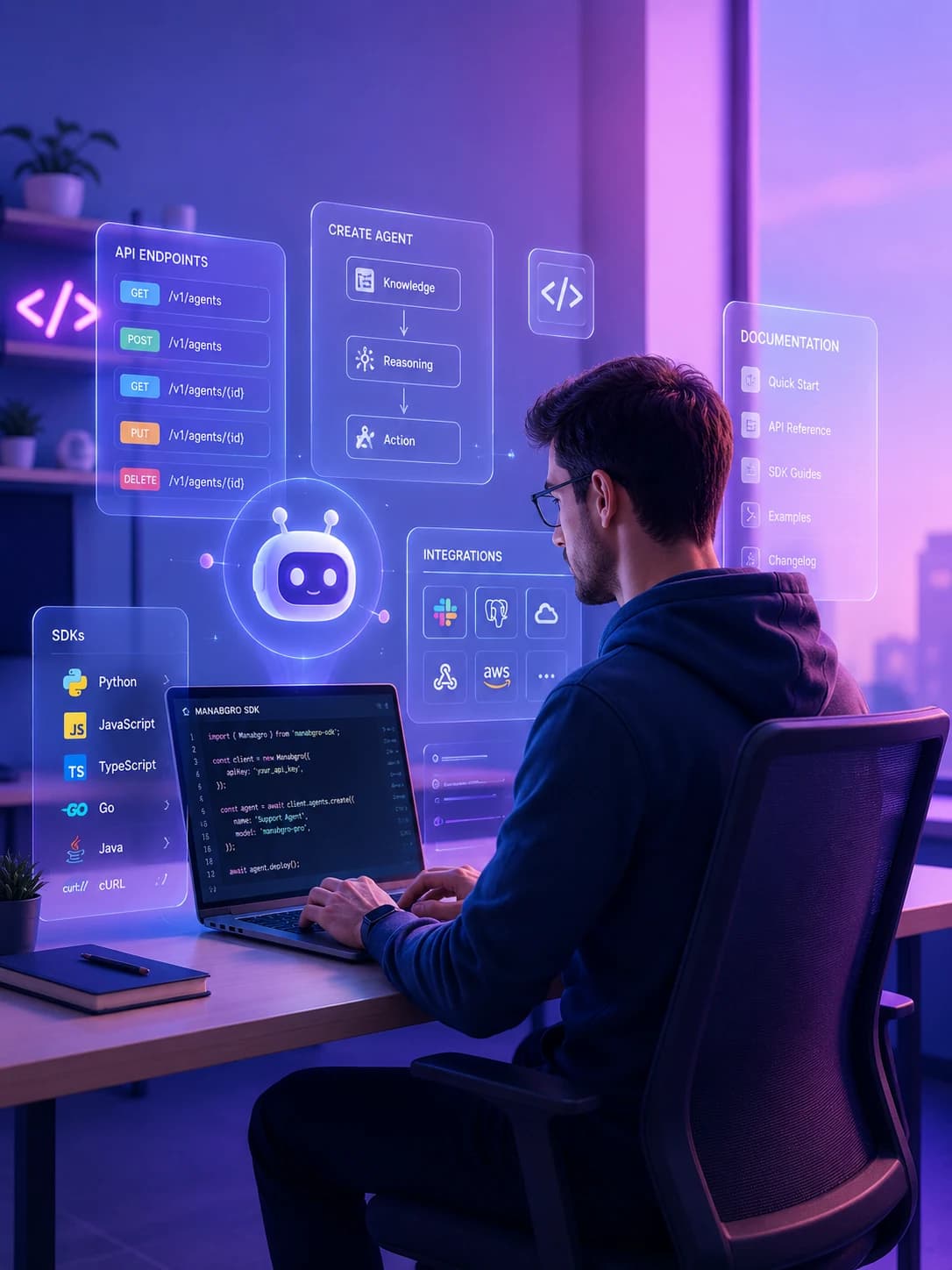 Developer building Manabgro agents with API endpoints, SDKs, documentation, and integration panels