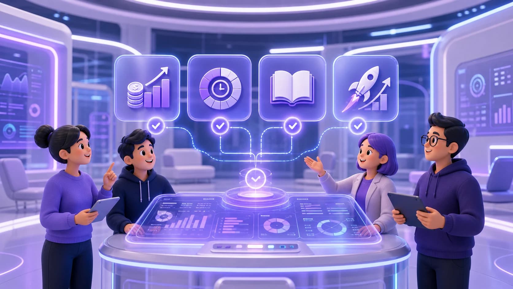 Stylized teammates reviewing employee benefit modules