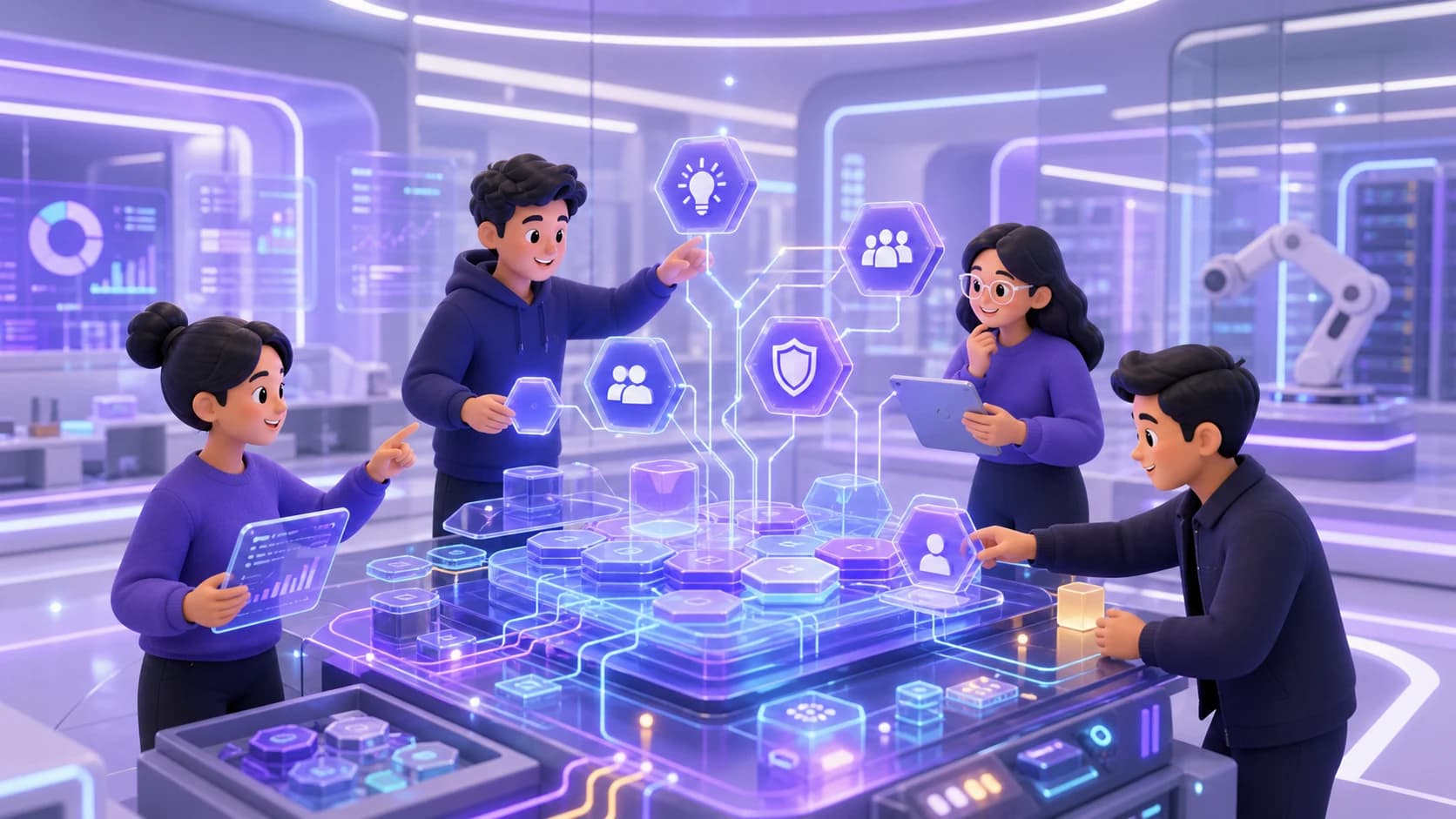Stylized teammates assembling a glowing AI culture workbench