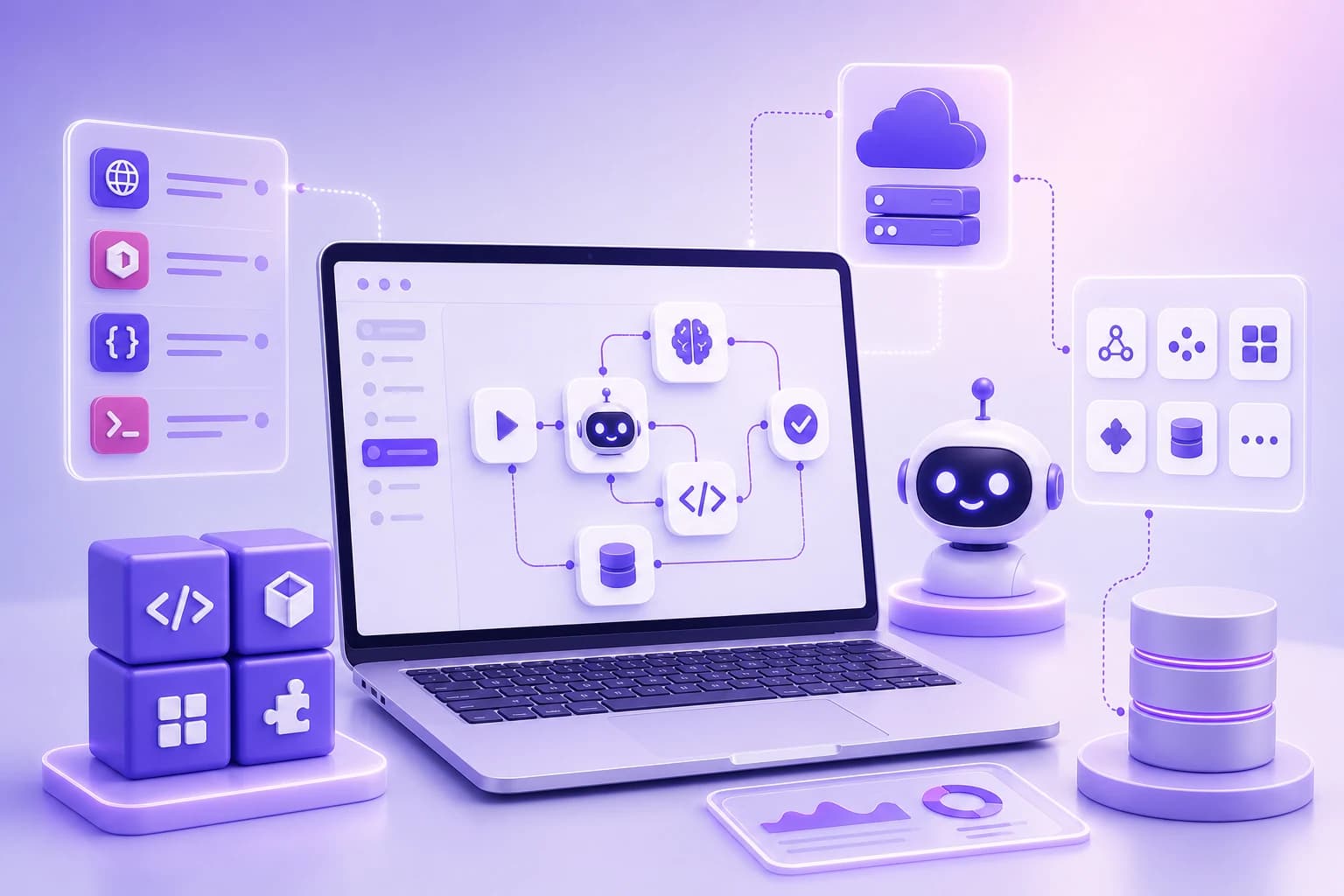 Developer workflow visual with agent builder canvas, SDK modules, cloud deployment, integrations, and data systems