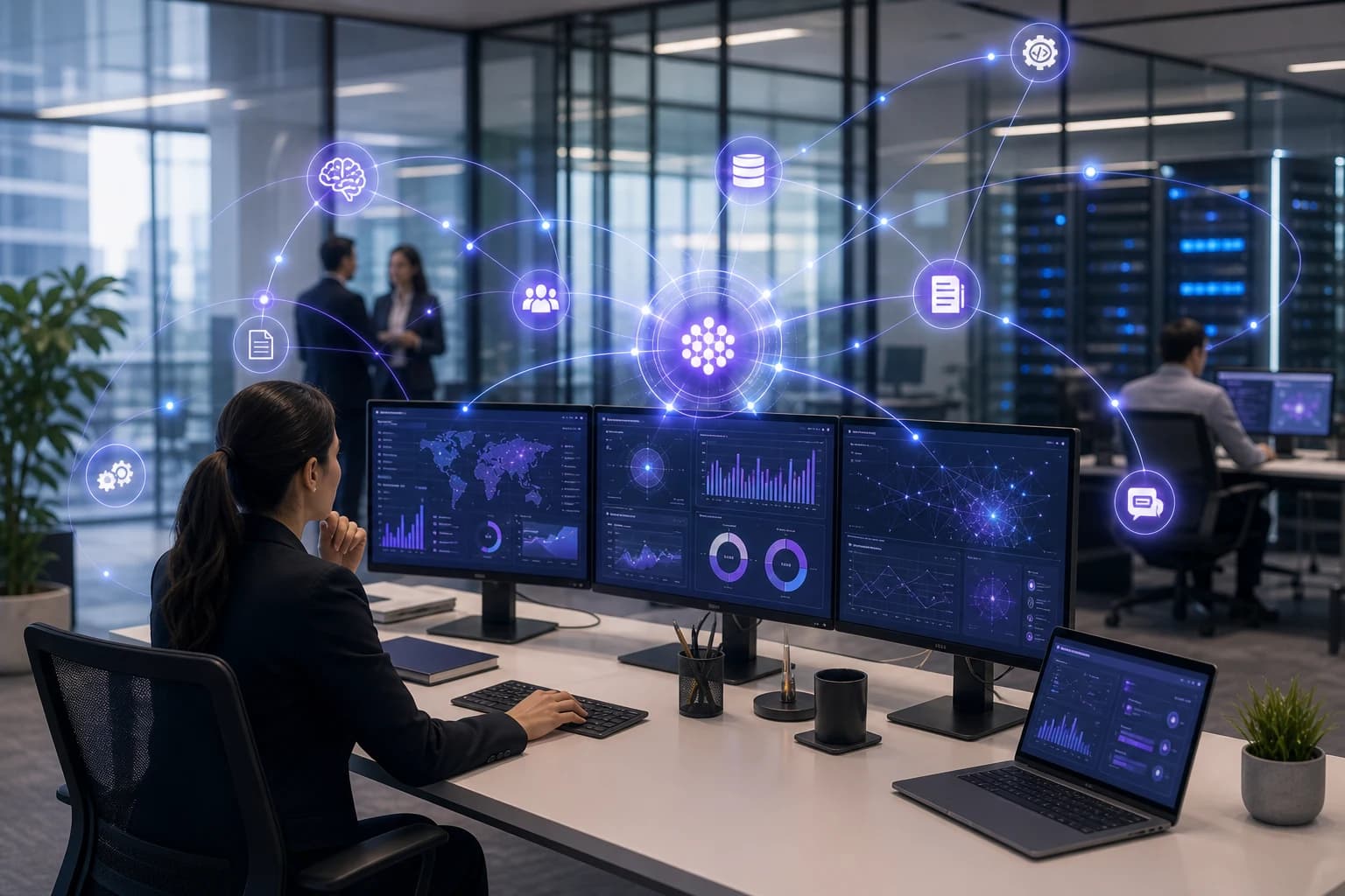 Realistic AI operations workspace showing autonomous agents connected across systems