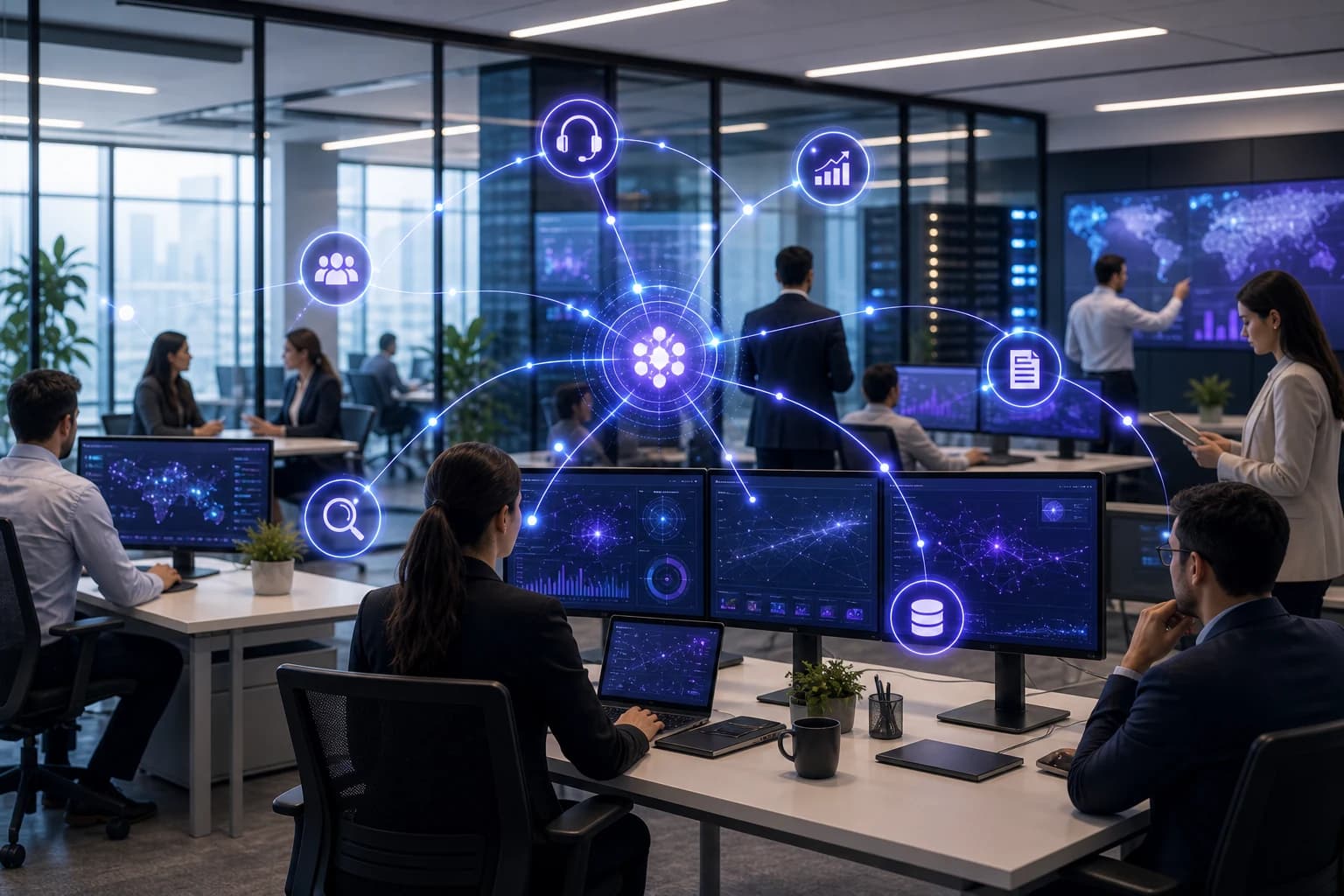 Realistic business operations workspace showing AI agents supporting multiple teams