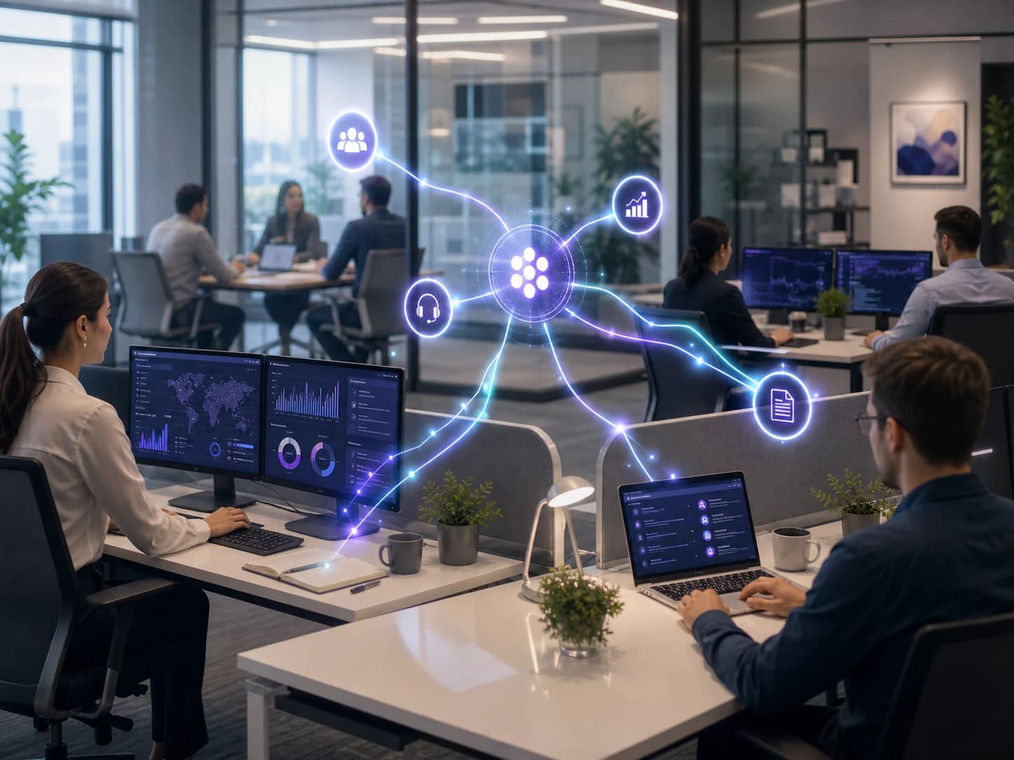 Realistic office workflow showing AI automation connecting teams and tasks